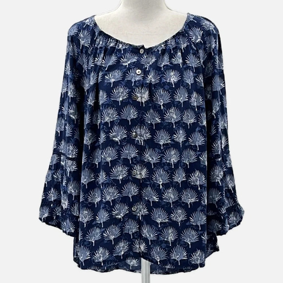 Tommy Bahama Fan Fair 3/4 Sleeve Rayon Blouse in Island Navy - Size Large - Picture 3 of 7